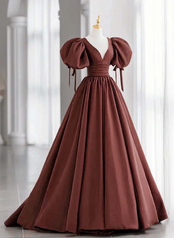 Brown Satin Short Sleeves Long Party Dress, Brown V-neckline Prom Dress Tunics Business professional