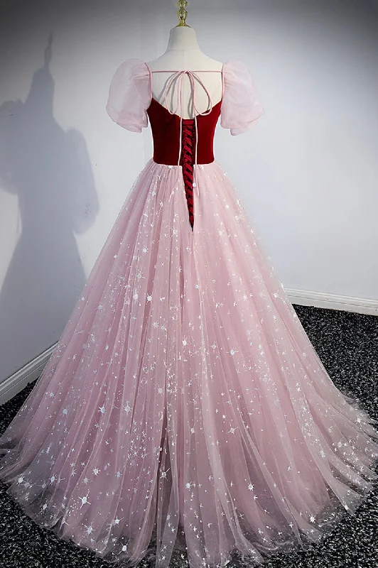 Pink Tulle Long A-Line Prom Dress, Lovely Short Sleeve Evening Party Dress Tunics Office stylish Pink Tulle Long A-Line Prom Dress, Lovely Short Sleeve Evening Party Dress Tunics Office stylish