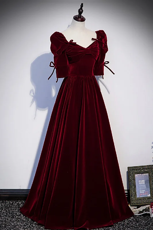 Burgundy Velvet Long Evening Party Dress, A-Line Short Sleeve Prom Dress Tunics Sale discount Burgundy Velvet Long Evening Party Dress, A-Line Short Sleeve Prom Dress Tunics Sale discount