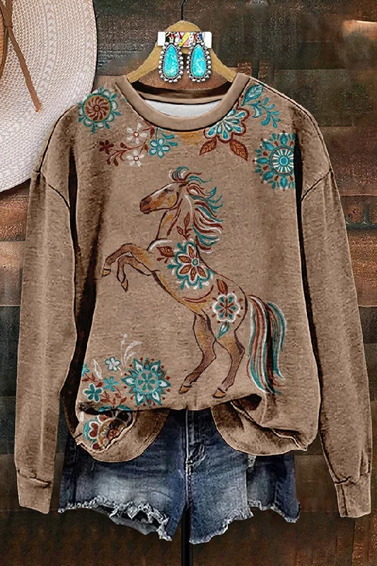 Vintage Western Horse Print Sweatshirt Hoodie with Full-Zip Functional Layering
