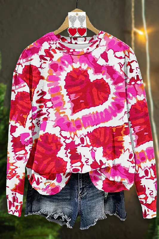 Valentine's Day Tie-Dye Heart Print Sweatshirt Hoodie with Slit Hem Functional Movement