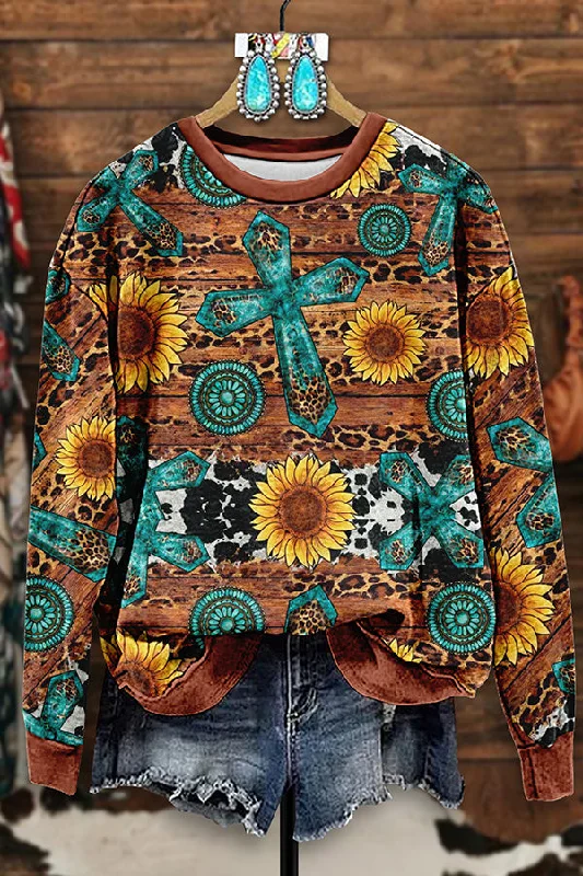 Vintage Western Cross Turquoise Print Sweatshirt Hoodie with High-Low Hem Asymmetrical Trendy