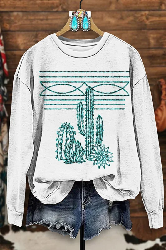 Vintage Western Boots Stitched Cactus Print Sweatshirt Hoodie Dress Longline Feminine