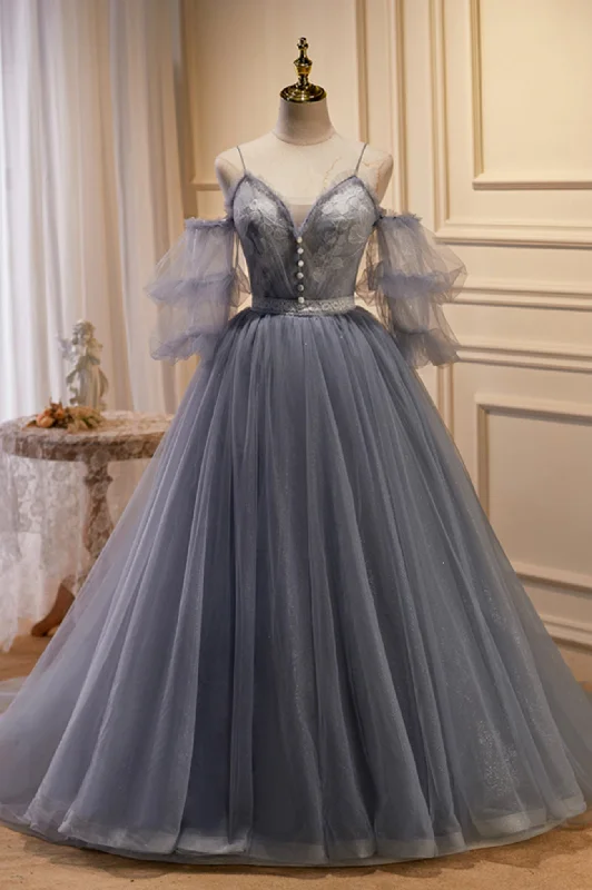 Gray Spaghetti Strap Lace Long Prom Dress, Off the Shoulder Evening Party Dress Tunics Fleece cozy