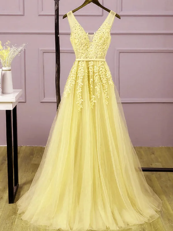 Light Yellow Tulle Long Party Dress, A-line Prom Dress Evening Gowns Tunics Top rated Light Yellow Tulle Long Party Dress, A-line Prom Dress Evening Gowns Tunics Top rated