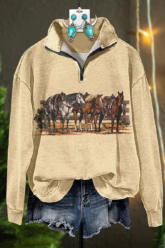 Ranch Horse Print Zipper Sweatshirt Hoodie with Strings Custom Fit Adjustable