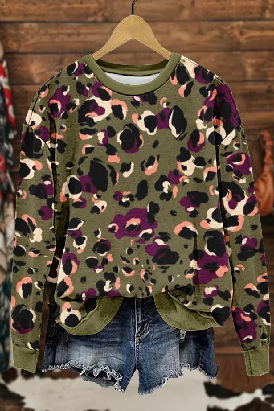 Sweet Leopard Print Sweatshirt Hoodie with Drawcord Adjustable Secure