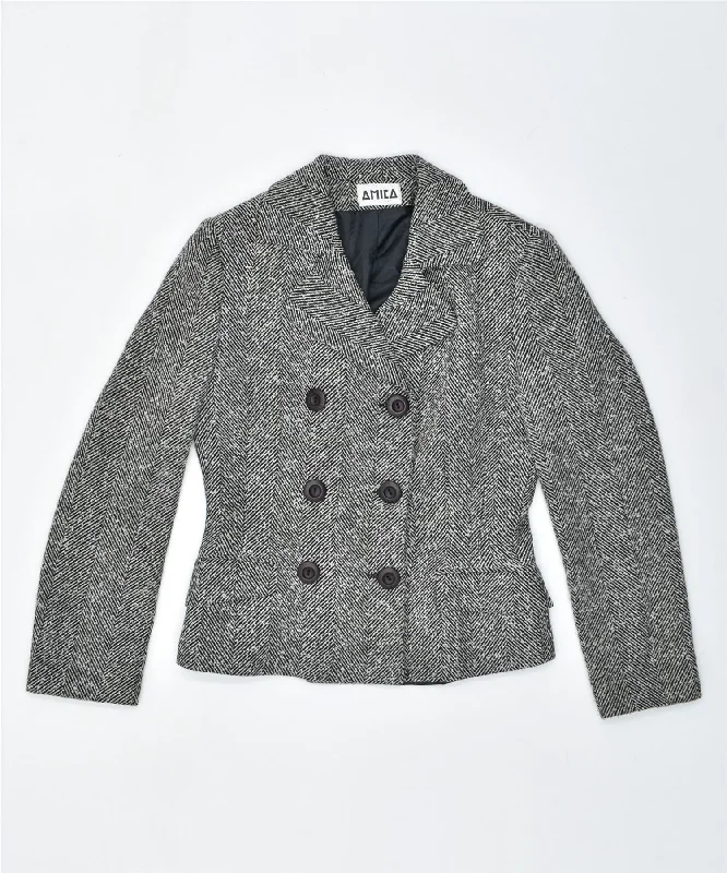 AMICA Womens Double Breasted Blazer Jacket UK 12 Medium Black Polyester Oversized Jacket Tailored Jacket Straight Jacket