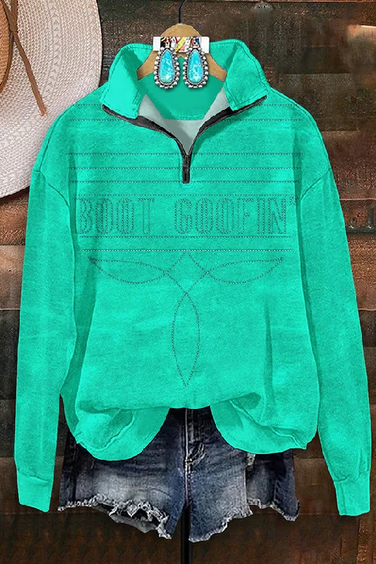 Retro Western Boot Print Zip-Up Sweatshirt Hoodie with Velcro Closure Adjustable Secure Retro Western Boot Print Zip-Up Sweatshirt Hoodie with Velcro Closure Adjustable Secure