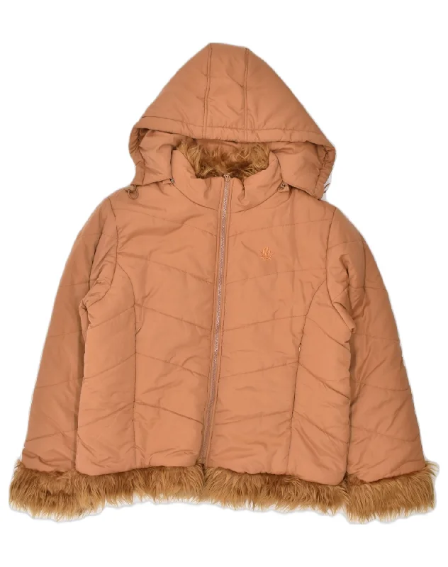 VINTAGE Womens Hooded Padded Jacket UK 18 XL Brown Polyester Fleece Jacket Down Jacket Feather Jacket