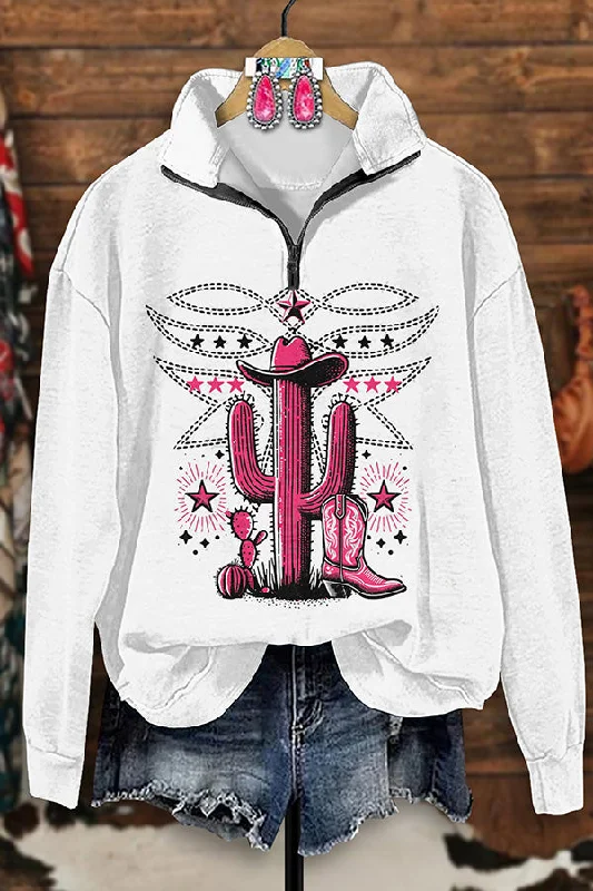 Vintage Western Boots Stitched Cactus Print Zip-Up Sweatshirt Cotton Hoodie Fleece Lining Warmth