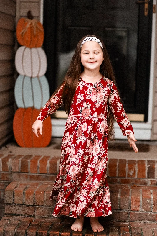 Size 14/16 Girls Burgundy Blooms Tiered Comfy Dress Tunics Timeless classic