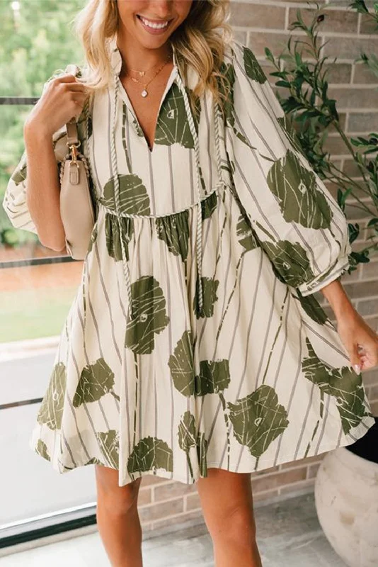 Blue Zone Planet |  Guacamole Green Floral Striped Print Contrast Piping Puff Sleeve Dress Tunics Luxurious high-end