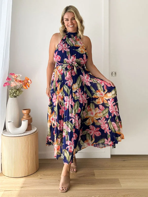 Blue Zone Planet | Halterneck Sleeveless Printed Vacation Swing Dress Crew Neckline Sporty Blue Zone Planet | Halterneck Sleeveless Printed Vacation Swing Dress Crew Neckline Sporty