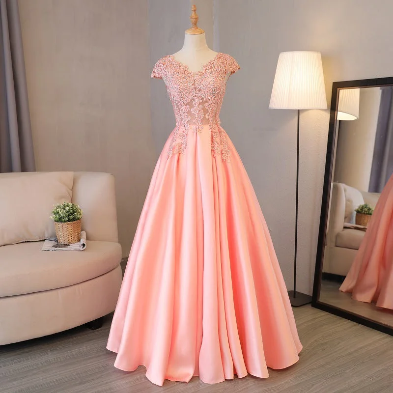 Rose Pink Appliqued Sheer Prom Ball Gowns Dress with Cap Sleeves Tunics Print Colorful Rose Pink Appliqued Sheer Prom Ball Gowns Dress with Cap Sleeves Tunics Print Colorful