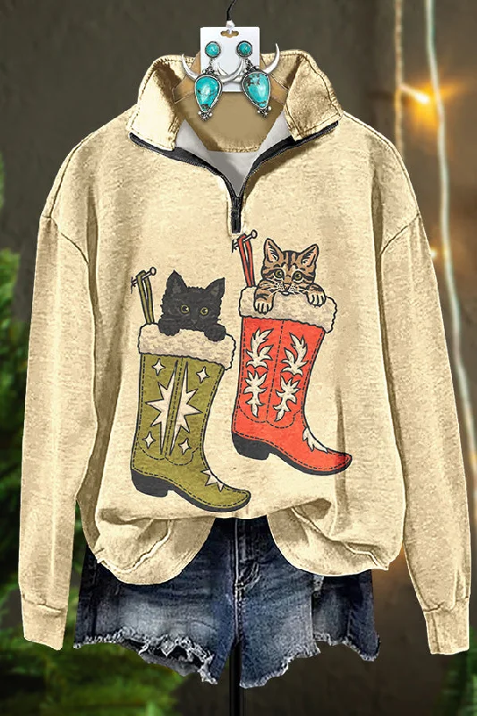 Western Puss In Boots Zipper Sweatshirt Hooded Sweatshirt Casual Wear Street Style