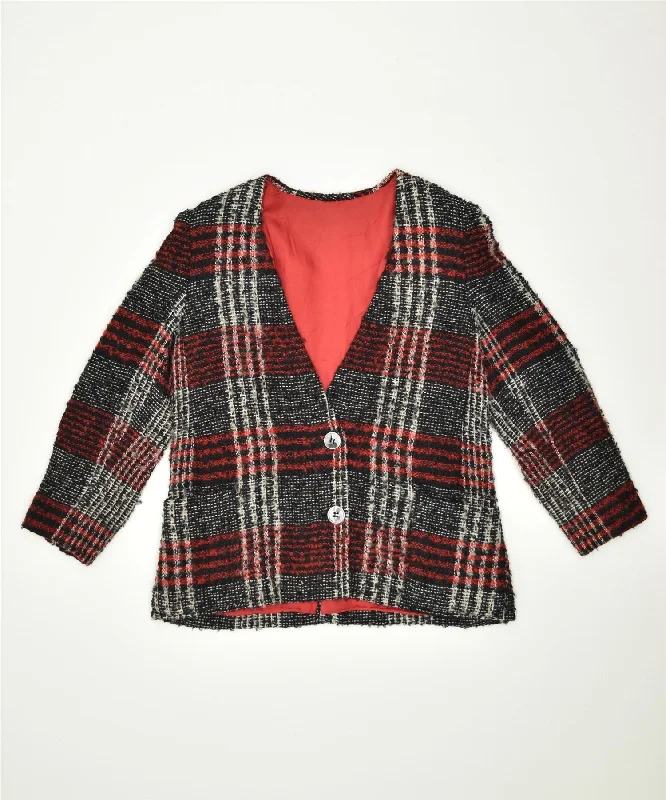 VINTAGE Womens 2 Button Blazer Jacket UK 20 2XL Multicoloured Check Boat Neck Shawl Collar Notched Collar