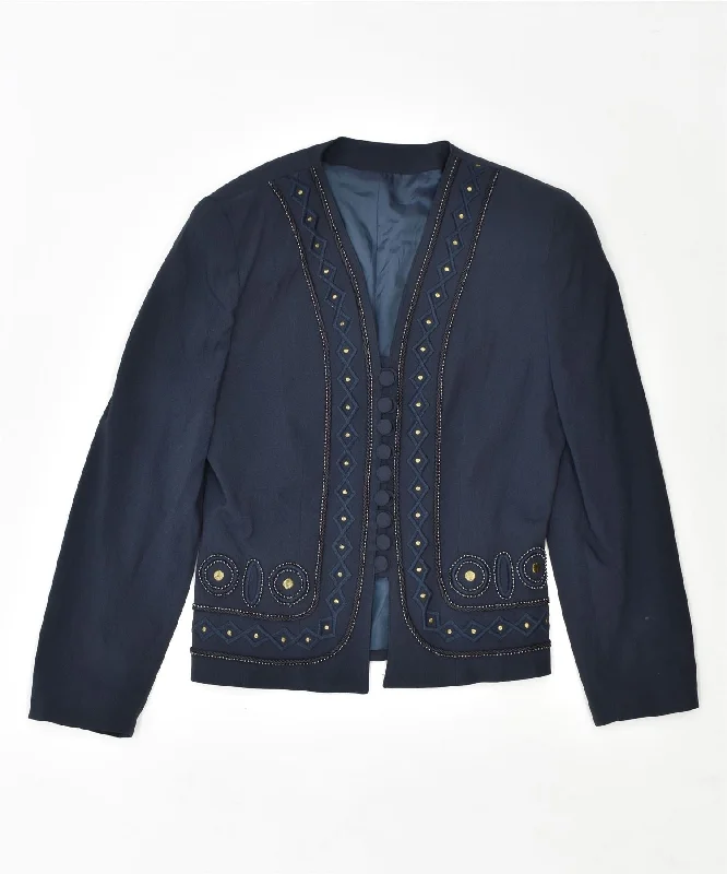 VINTAGE Womens 9 Button Blazer Jacket IT 44 Medium Navy Blue Acrylic Print Jacket Jacquard Jacket Embroidered Jacket