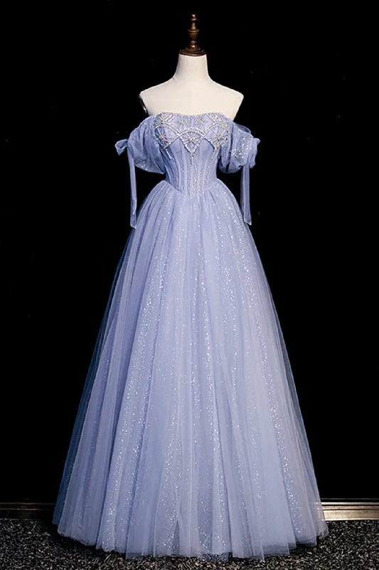 Blue Tulle Beaded Long Prom Dress, A-Line Blue Evening Party Dress Tunics Trousers formal