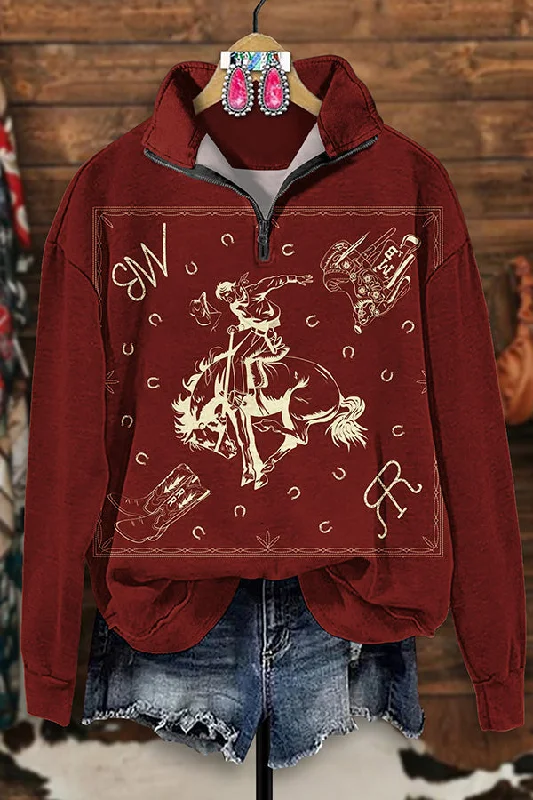 Vintage Western Rodeo Print Zip-Up Sweatshirt Hoodie with Raglan Sleeves Sporty Comfortable