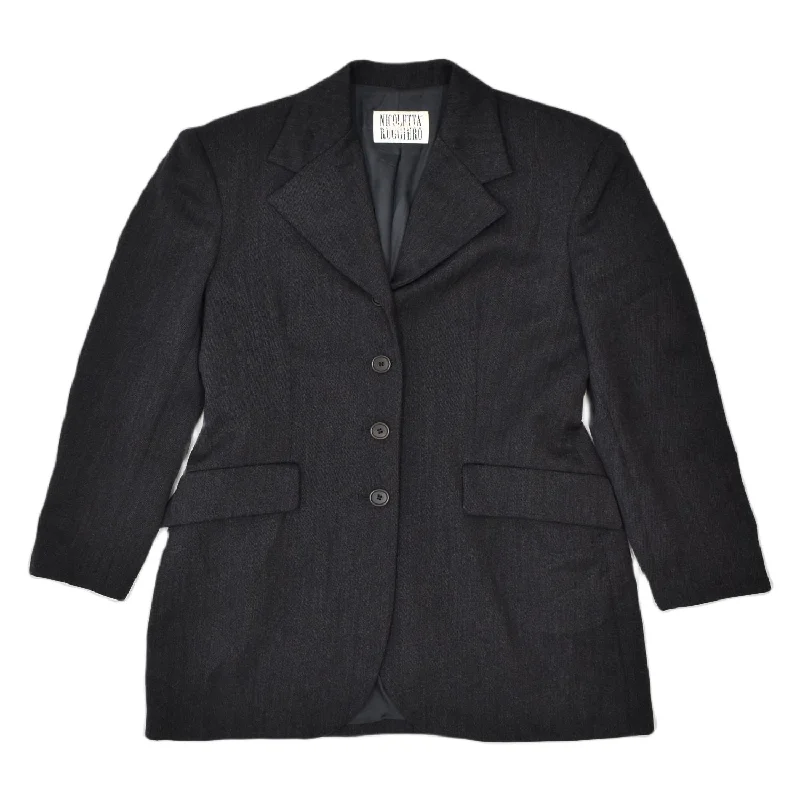 NICOLETTA RUGGIERO Womens 3 Button Blazer Jacket UK 12 Medium Black Wool Stand-Up Collar Roll-Neck Collar Turtle Neck