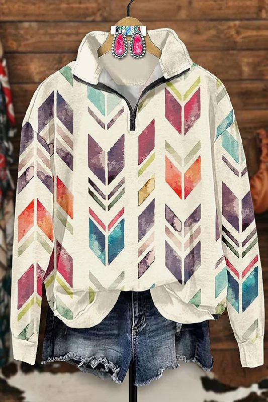 Retro Western Aztec Arrow Print Zip-Up Sweatshirt Hoodie with Embroidery Detailed Premium