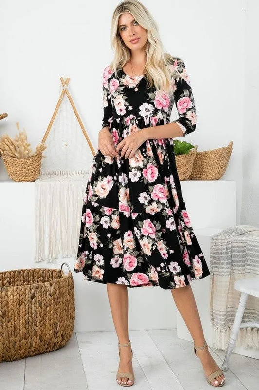 Black Floral Dress Tunics Satin smooth