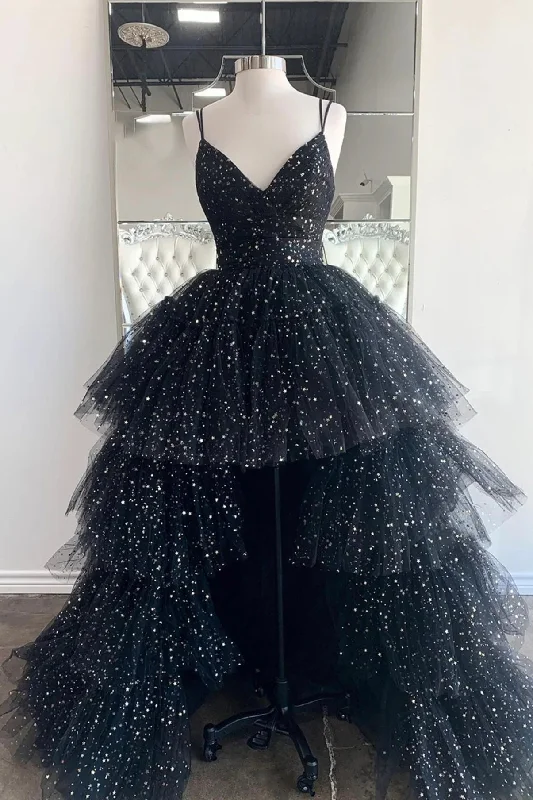 Black A-Line Tulle High Low Prom Dress, V-Neck Evening Party Dress Cowl Neckline Elegant