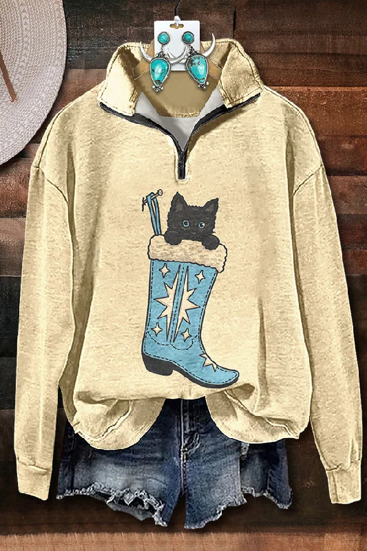 Cute Puss In Boots Zipper Sweatshirt Hoodie Dress Longline Feminine