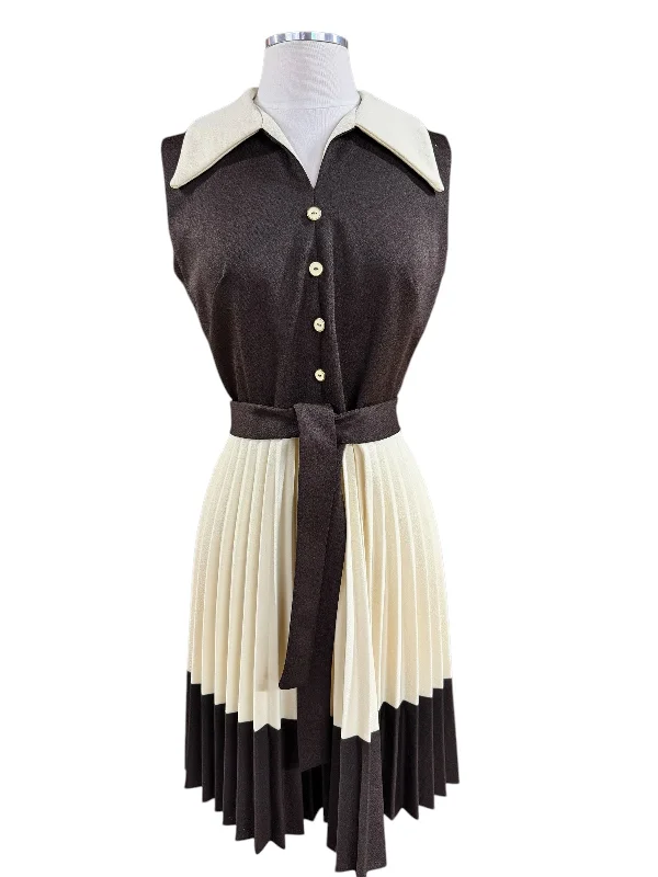 1960s Brown/Cream Pleated Dress M Tunics Office stylish