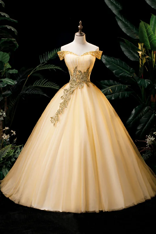 Gold Floor Length Tulle Beading Formal Dress, Lovely Off the Shoulder Evening Party Dress Tunics Sophisticated sleek Gold Floor Length Tulle Beading Formal Dress, Lovely Off the Shoulder Evening Party Dress Tunics Sophisticated sleek