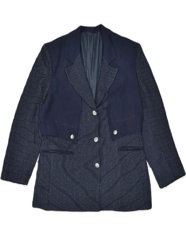 HEAVEN Womens 3 Button Blazer Jacket IT 48 XL Navy Blue Pinstripe Wool Anorak Shell Jacket Lightweight Jacket