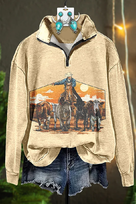 Cowboy Horse Print Zipper Sweatshirt Hoodie with Lace Feminine Delicate
