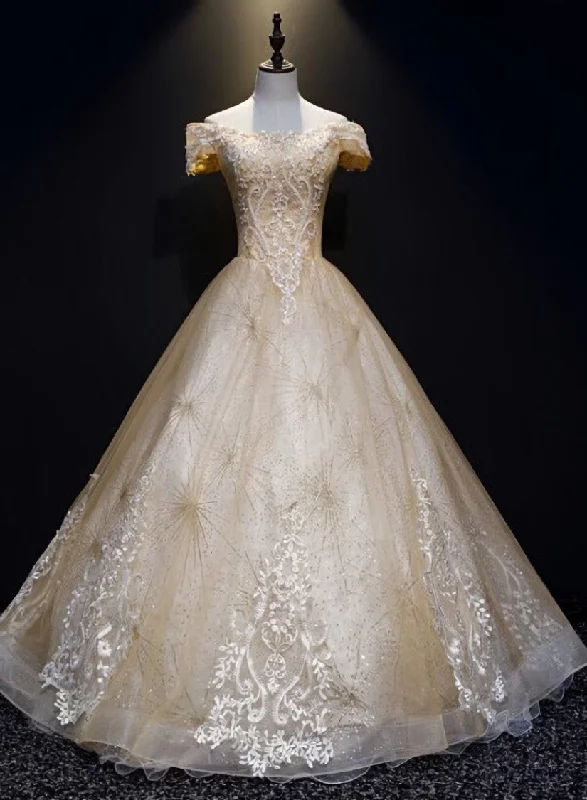 Champagne Lace Off Shoulder Party Dress, Ball Gown Tulle Evening Dress Formal Dress Tunics Running lightweight Champagne Lace Off Shoulder Party Dress, Ball Gown Tulle Evening Dress Formal Dress Tunics Running lightweight