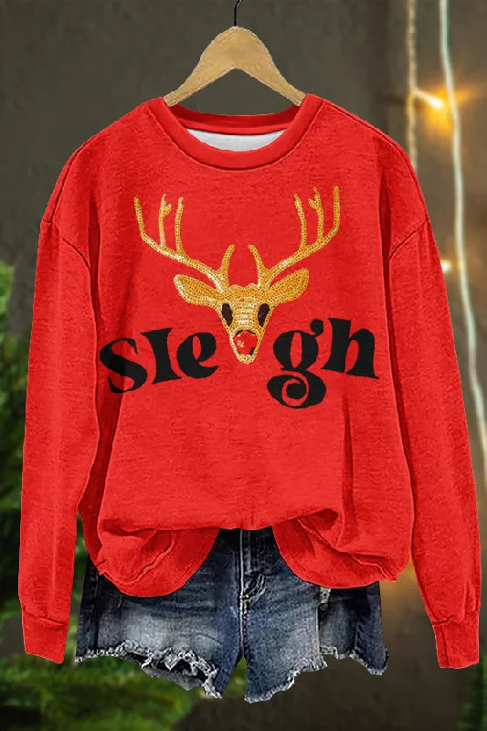 Christmas Elk Print Sweatshirt Hoodie with Batwing Sleeves Loose Dramatic