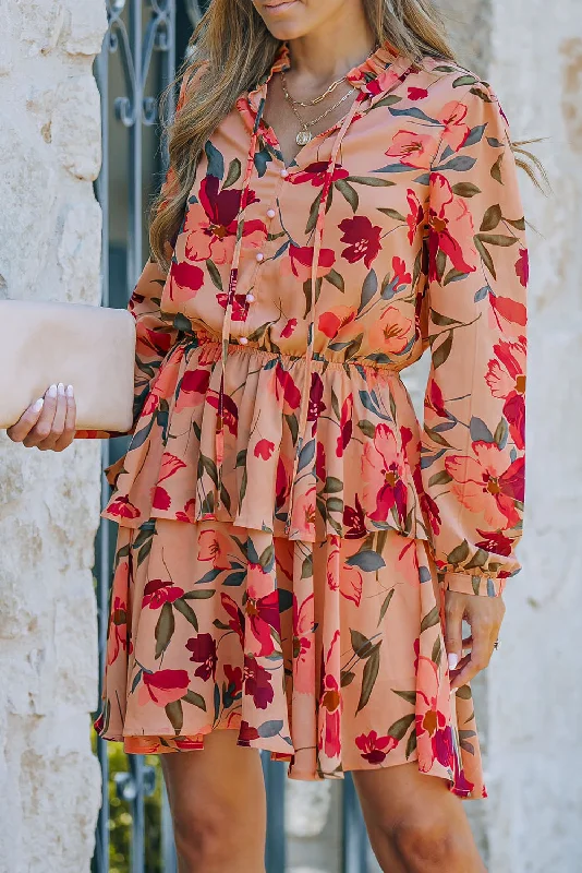 Blue Zone Planet | Fiery Red Frilled Collar Long Sleeve Floral Dress with Ruffle Tunics Bridal satin Blue Zone Planet | Fiery Red Frilled Collar Long Sleeve Floral Dress with Ruffle Tunics Bridal satin