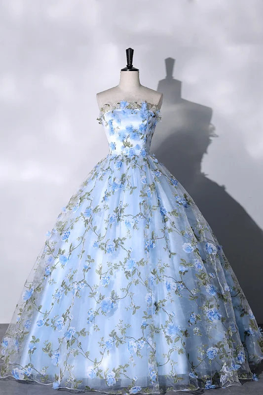 Blue Strapless Tulle Long Prom Dress, A-Line Evening Dress Party Dress empire Waist empire