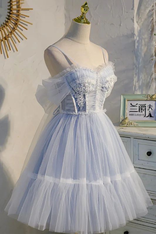 Blue Lace Short A-Line Prom Dress, Blue Spaghetti Straps Homecoming Party Dress Tunics Corduroy durable Blue Lace Short A-Line Prom Dress, Blue Spaghetti Straps Homecoming Party Dress Tunics Corduroy durable