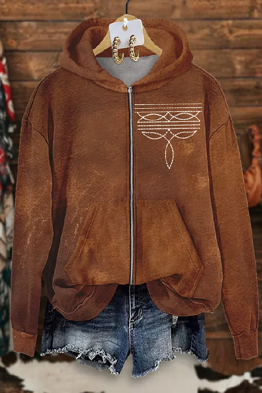 Western Boot Stitch Print Pocket Zip Sweatshirt Hoodie with Distressed Vintage Worn