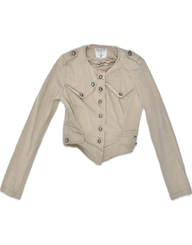 GUESS Womens Crop Denim Jacket UK10 Small Beige Cotton Striped Jacket Polka Dot Jacket Floral Jacket