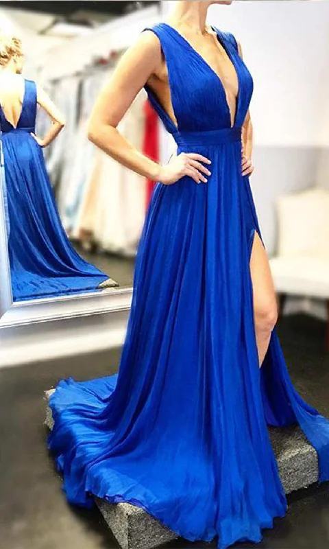 Deep V-neck Long Roayl Blue Prom Dresses Sexy Maxi Slit Prom Dresses P528 Elegant Long Evening Deep V-neck Long Roayl Blue Prom Dresses Sexy Maxi Slit Prom Dresses P528 Elegant Long Evening