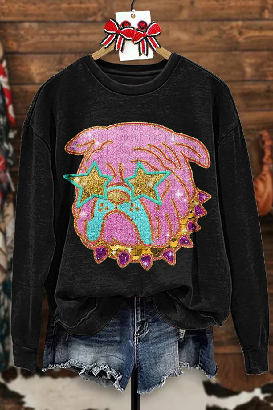 Shiny Bulldog Sequined Print Sweatshirt Hoodie with Slit Hem Functional Movement