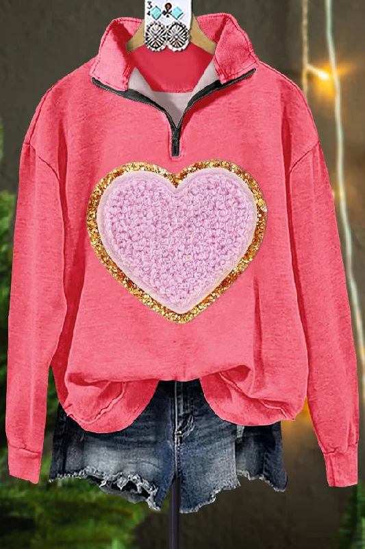 Classic Contrast Heart Valentine's Day Sweatshirt Hoodie with Full-Zip Functional Layering