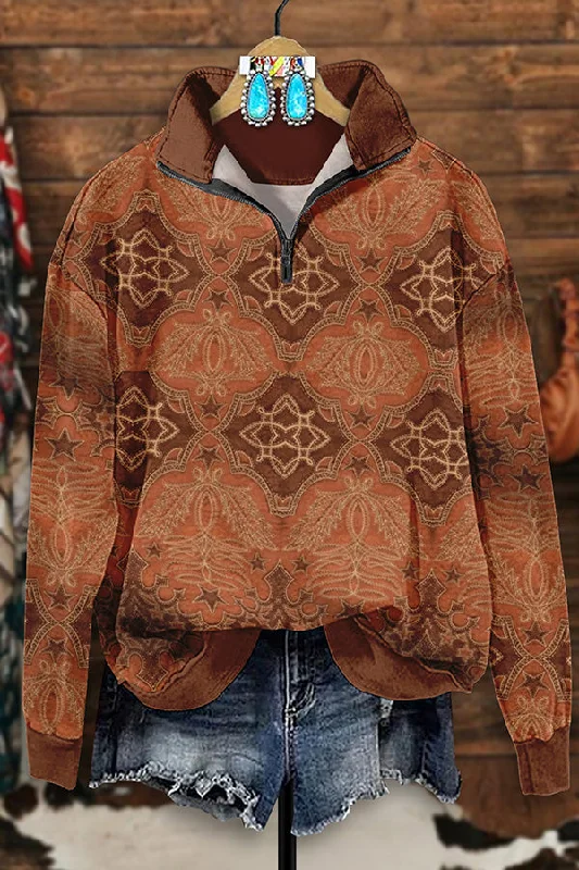 Retro Western Boot Print Zip-Up Sweatshirt Hoodie with Rolled Sleeves Casual Relaxed
