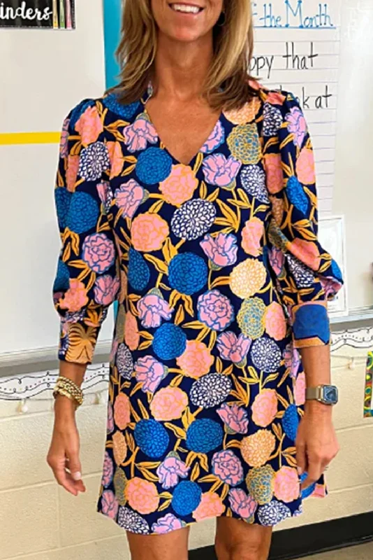 Blue Zone Planet | Navy Blue Hydrangea Floral Print Bishop Sleeve V Neck Shift Dress Tunics Handmade artisanal Blue Zone Planet | Navy Blue Hydrangea Floral Print Bishop Sleeve V Neck Shift Dress Tunics Handmade artisanal