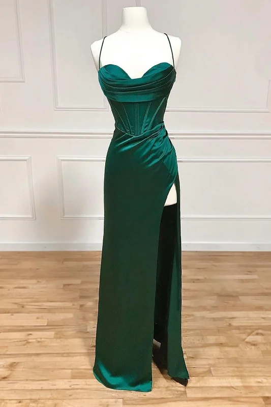 Green Satin Long Prom Dress, Simple Lace-Up Evening Party Dress sweetheart Neckline Romantic