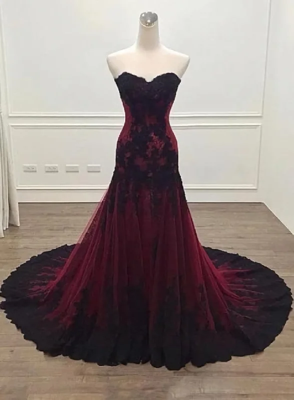 Gorgeous Black and Wine Red Mermaid Long Evening Gown Party Dress, Sweetheart Lace Formal Dresses Square Neckline Feminine Gorgeous Black and Wine Red Mermaid Long Evening Gown Party Dress, Sweetheart Lace Formal Dresses Square Neckline Feminine