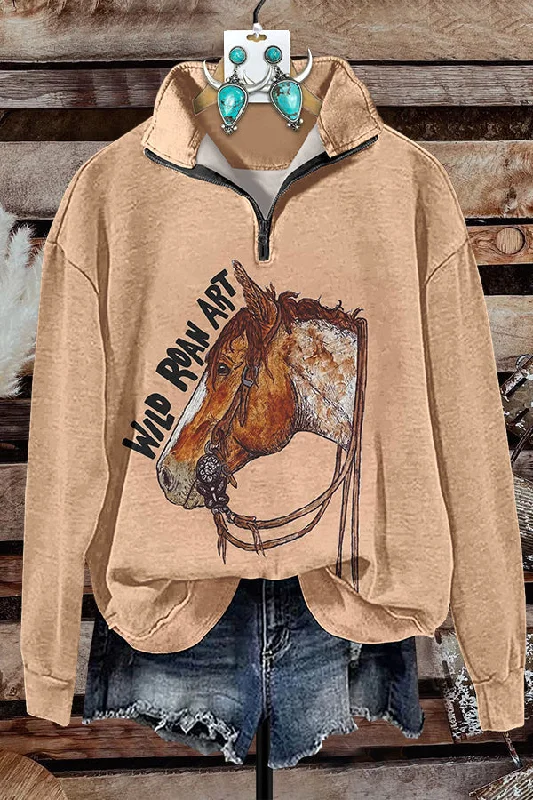 Western Horse Print Zipper Sweatshirt Hoodie with Batwing Sleeves Loose Dramatic