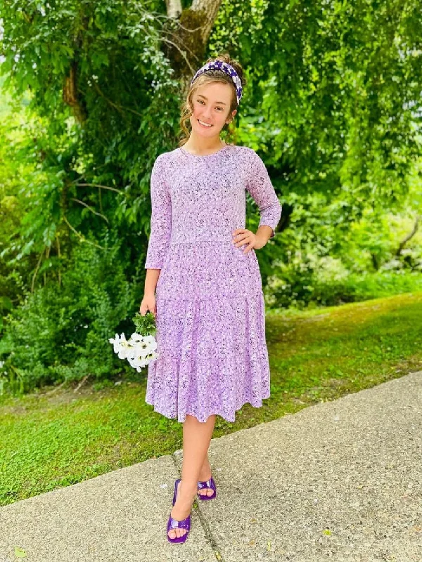 Size Large Ladies Lavender Floral Tiered Comfy Dress Tunics Trendy modern