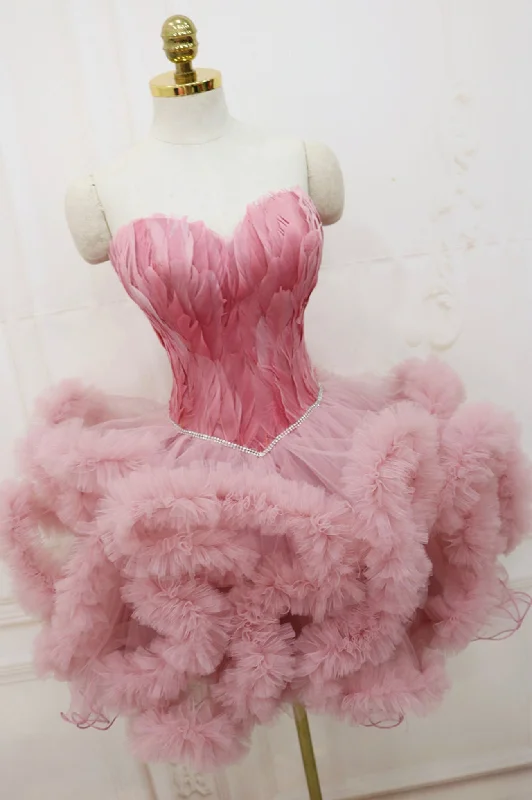 Pink Tulle Short Prom Dress with Feather, Chic Pink Strapless Party Dress Tunics Fleece cozy Pink Tulle Short Prom Dress with Feather, Chic Pink Strapless Party Dress Tunics Fleece cozy